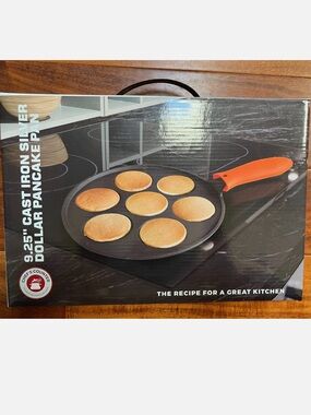 New! Cast Iron Dollar Pancake Pan with Orange Silicone Handle